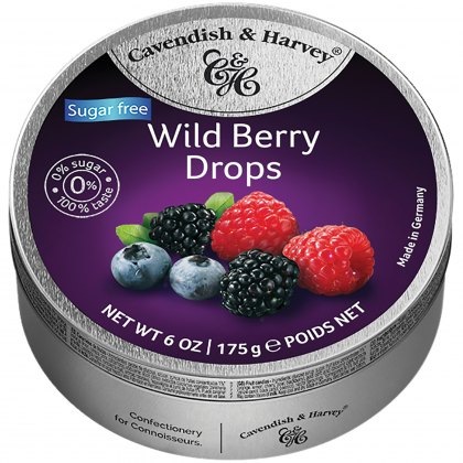 Cavendish & Harvey Travel Tin Sugar Free Wild Berry Drops 175g Cavendish & Harvey Travel Tin Sugar Free Wild Berry Drops 175g