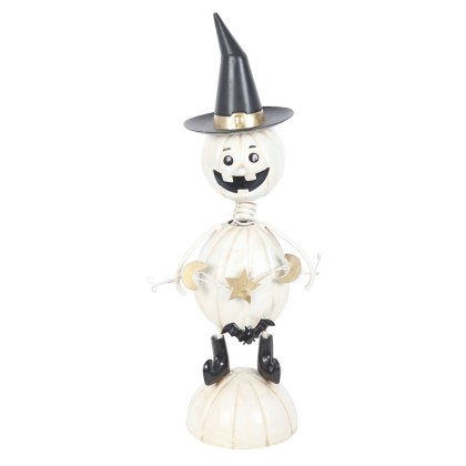White Metal Pumpkin Man Ornament with Witch Hat White Metal Pumpkin Man Ornament with Witch Hat