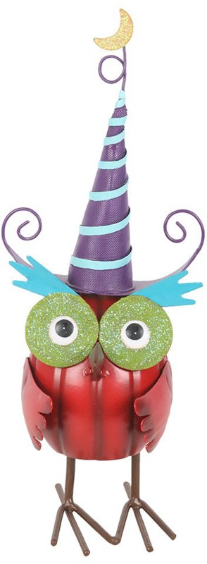 Red Metal Owl Ornament with Witch Hat Red Metal Owl Ornament with Witch Hat